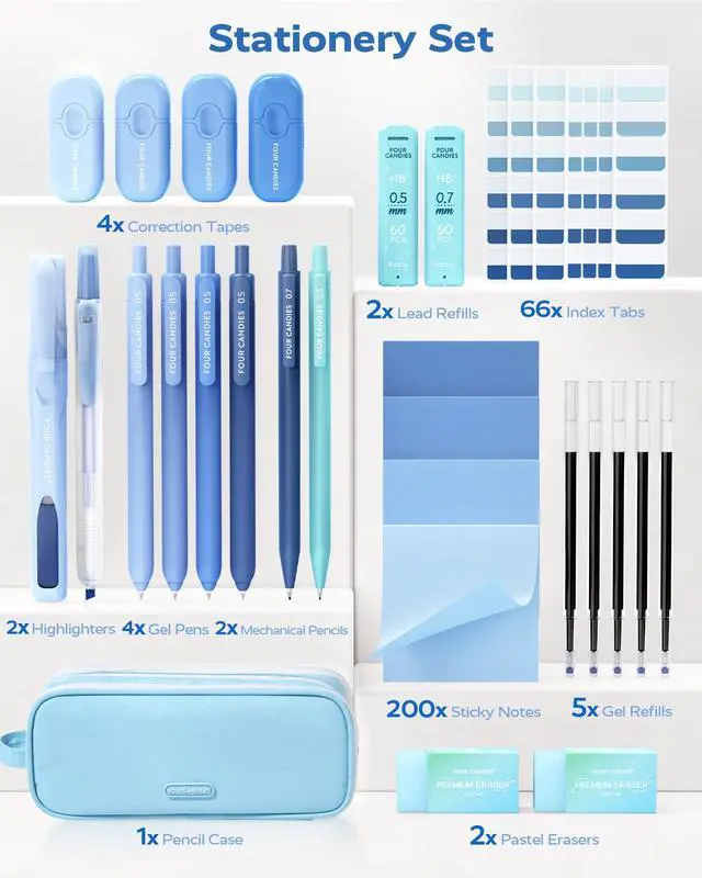 Alt view image 7 of 7 - Aesthetic School Supplies Kit with Cute Blue Pencil Case Back to School Stationery Set with Pens, Highlighters, Mechanical Pencils, Sticky Notes for Students, College, Journaling