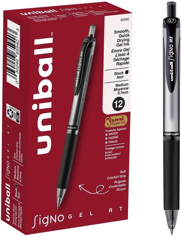 Main image of uniball Signo RT Gel Pens, Medium Point (0.7mm), Black, 12 Pack Crisp clean lines for everyday writing, comfort grip, fraud-resistant uni Super Ink, water & fade-resistant gel ink
