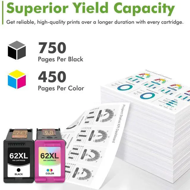 Alt view image 3 of 7 - 62XL Ink Cartridges Black and Color Work for HP 62 XL Envy 7640 5660 2-Pack Compatible for HP62XL Ink Cartridges Combo Pack for HP Envy 7645 5540 5740 OfficeJet 200 250 High Yield 1 Black,1 Tri-Color