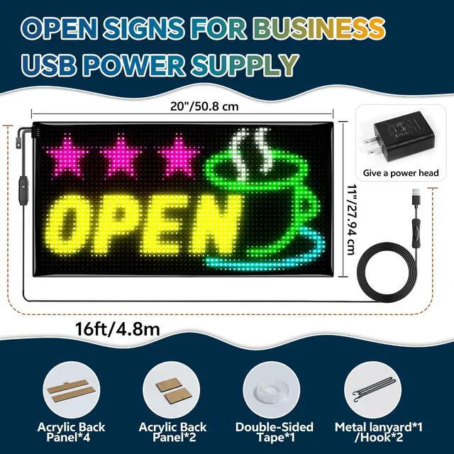 Alt view image 6 of 7 - Dual Row LED Open Sign, 20"x12" Colorful Huge Bright Advertising open signs for business, Programmable Electric Scrolling Display with Remote for Business Store Bar Hotel
