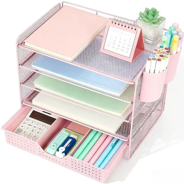 Main image of Desk Organizers and Accessories, 5-Tier Paper Letter Tray Organizer with Drawer & 2 Pen Holders, Desktop Organizer for Office Supplies (Pink)