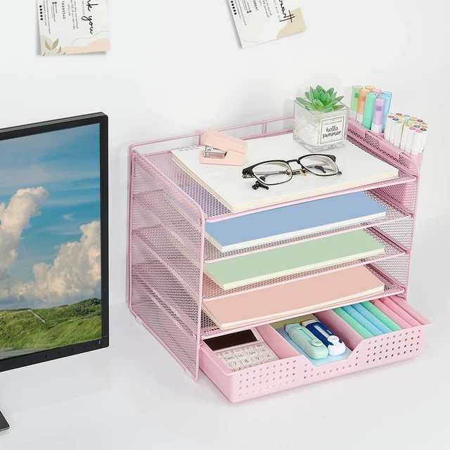 Alt view image 3 of 7 - Desk Organizers and Accessories, 5-Tier Paper Letter Tray Organizer with Drawer & 2 Pen Holders, Desktop Organizer for Office Supplies (Pink)