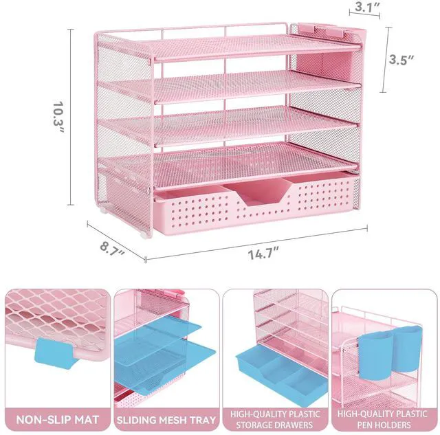 Alt view image 2 of 7 - Desk Organizers and Accessories, 5-Tier Paper Letter Tray Organizer with Drawer & 2 Pen Holders, Desktop Organizer for Office Supplies (Pink)