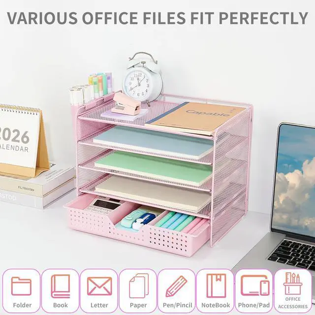 Alt view image 4 of 7 - Desk Organizers and Accessories, 5-Tier Paper Letter Tray Organizer with Drawer & 2 Pen Holders, Desktop Organizer for Office Supplies (Pink)