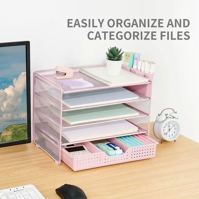 Alt view image 5 of 7 - Desk Organizers and Accessories, 5-Tier Paper Letter Tray Organizer with Drawer & 2 Pen Holders, Desktop Organizer for Office Supplies (Pink)