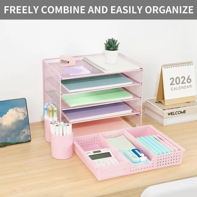 Alt view image 6 of 7 - Desk Organizers and Accessories, 5-Tier Paper Letter Tray Organizer with Drawer & 2 Pen Holders, Desktop Organizer for Office Supplies (Pink)