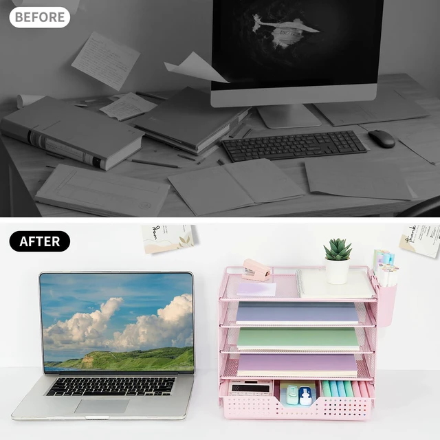 Alt view image 7 of 7 - Desk Organizers and Accessories, 5-Tier Paper Letter Tray Organizer with Drawer & 2 Pen Holders, Desktop Organizer for Office Supplies (Pink)