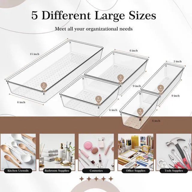 Alt view image 2 of 7 - 14 PCS Clear Plastic Drawer Organizer Set - 5 Large Size Versatile Kitchen and Bathroom Organizer Trays, Non-Slip Storage Bins for Makeup, Utensils, Tool and Office Desk