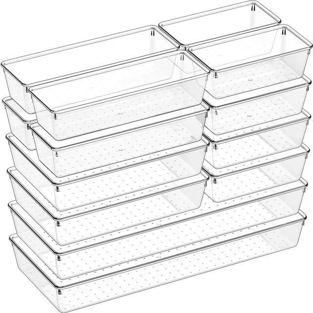 Main image of 14 PCS Clear Plastic Drawer Organizer Set - 5 Large Size Versatile Kitchen and Bathroom Organizer Trays, Non-Slip Storage Bins for Makeup, Utensils, Tool and Office Desk