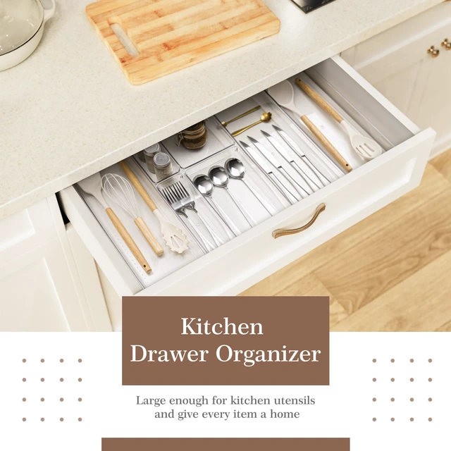 Alt view image 3 of 7 - 14 PCS Clear Plastic Drawer Organizer Set - 5 Large Size Versatile Kitchen and Bathroom Organizer Trays, Non-Slip Storage Bins for Makeup, Utensils, Tool and Office Desk