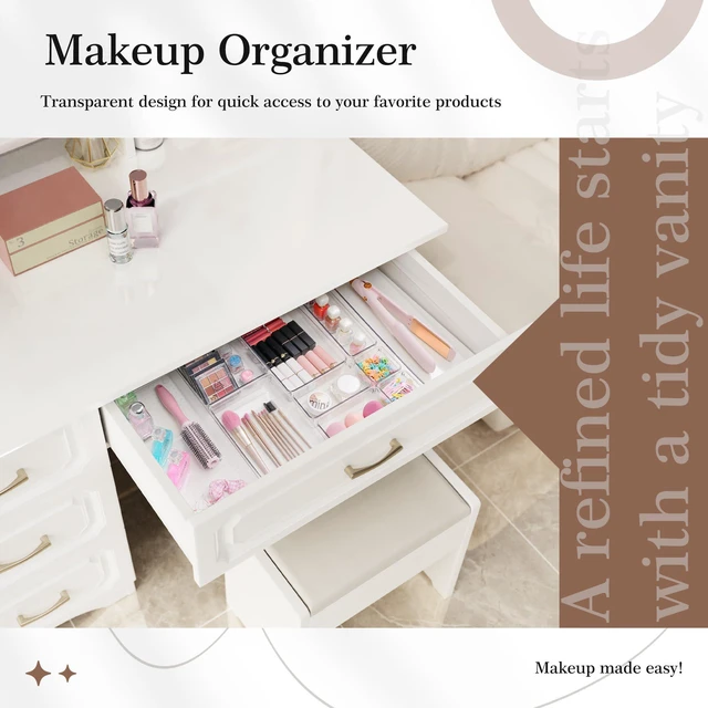 Alt view image 5 of 7 - 14 PCS Clear Plastic Drawer Organizer Set - 5 Large Size Versatile Kitchen and Bathroom Organizer Trays, Non-Slip Storage Bins for Makeup, Utensils, Tool and Office Desk