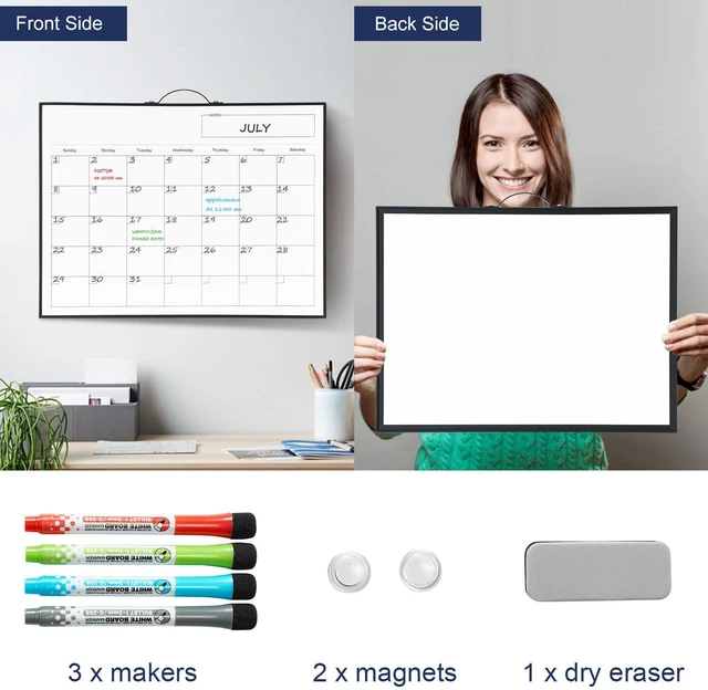 Alt view image 2 of 7 - White Board Calendar - 12 X 16 Inches Magnetic Dry Erase Board Monthly Calendar, Double Sided Whiteboard with a Handle, to Do List Notepad for Office, Home, School, Black Aluminum Frame