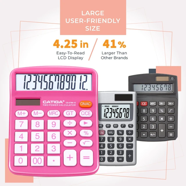 Alt view image 2 of 6 - Desktop Calculator, 12 Digit Large LCD Display, Dual Power, Sensitive Big Button, Standard Function Calculators for Office, School and Business, CD-2786 2 Pack, Blue & Pink