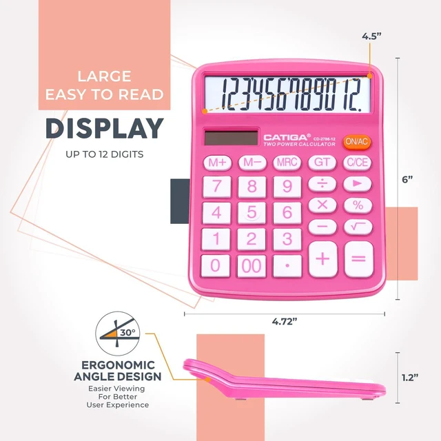 Alt view image 3 of 6 - Desktop Calculator, 12 Digit Large LCD Display, Dual Power, Sensitive Big Button, Standard Function Calculators for Office, School and Business, CD-2786 2 Pack, Blue & Pink