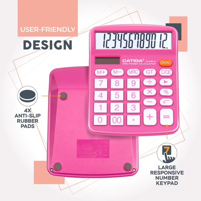 Alt view image 5 of 6 - Desktop Calculator, 12 Digit Large LCD Display, Dual Power, Sensitive Big Button, Standard Function Calculators for Office, School and Business, CD-2786 2 Pack, Blue & Pink