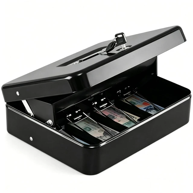 Main image of Cash Box with Top Key Lock0.7mm Metal Money Box for Flea Market Vendors, Craft Fairs & Small Business, Portable Cash Drawer with Auto-Pop Coin Tray & Windproof Bill Clips (11.8", Black)