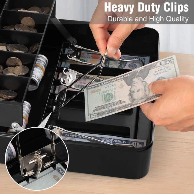 Alt view image 3 of 7 - Cash Box with Top Key Lock0.7mm Metal Money Box for Flea Market Vendors, Craft Fairs & Small Business, Portable Cash Drawer with Auto-Pop Coin Tray & Windproof Bill Clips (11.8", Black)