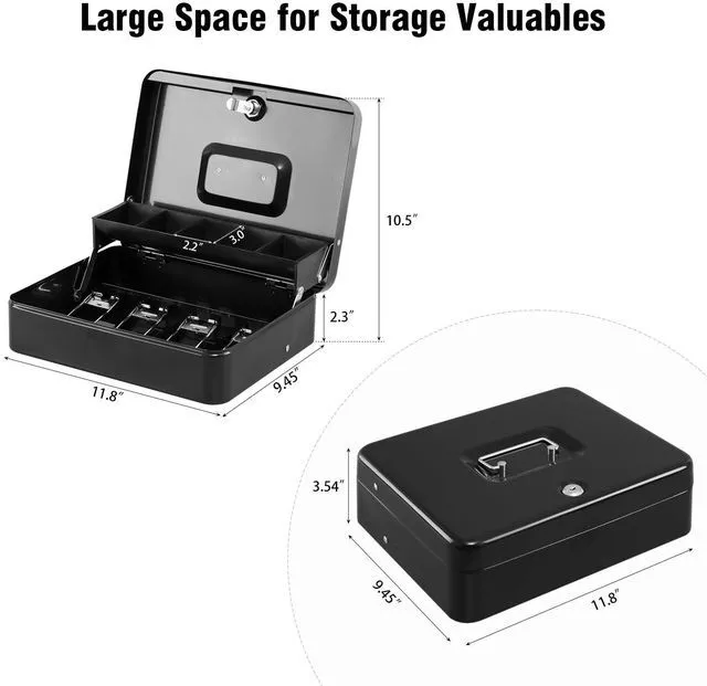 Alt view image 2 of 7 - Cash Box with Top Key Lock0.7mm Metal Money Box for Flea Market Vendors, Craft Fairs & Small Business, Portable Cash Drawer with Auto-Pop Coin Tray & Windproof Bill Clips (11.8", Black)