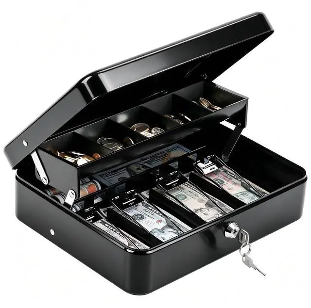 Main image of Cash Box with Money Tray and Key Lock, 1mm Thick Metal Cash Drawer Portable Cold-rolled Steel Money Box, Windproof Bill clips & Auto-Pop Coin Tray for Garage Sales & Small businesses, 11.8"