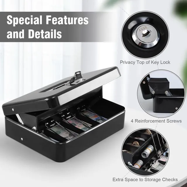 Alt view image 5 of 7 - Cash Box with Top Key Lock0.7mm Metal Money Box for Flea Market Vendors, Craft Fairs & Small Business, Portable Cash Drawer with Auto-Pop Coin Tray & Windproof Bill Clips (11.8", Black)