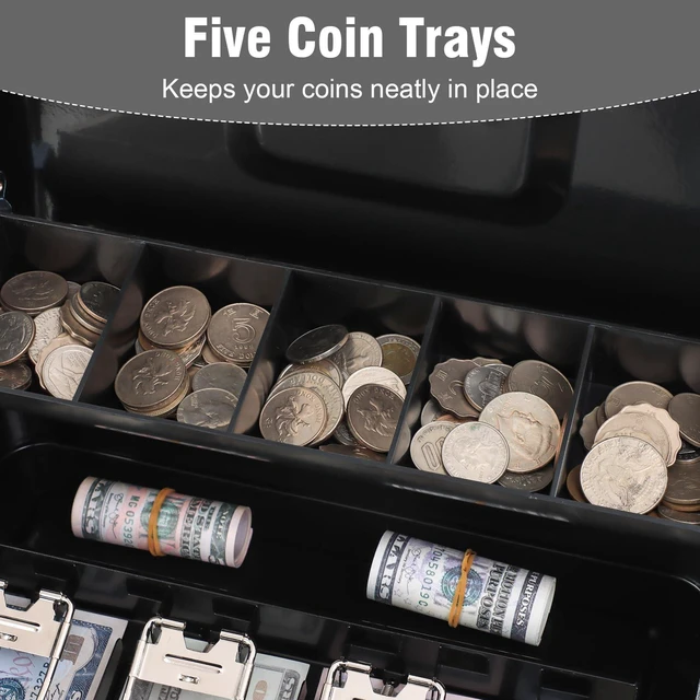 Alt view image 4 of 7 - Cash Box with Top Key Lock0.7mm Metal Money Box for Flea Market Vendors, Craft Fairs & Small Business, Portable Cash Drawer with Auto-Pop Coin Tray & Windproof Bill Clips (11.8", Black)