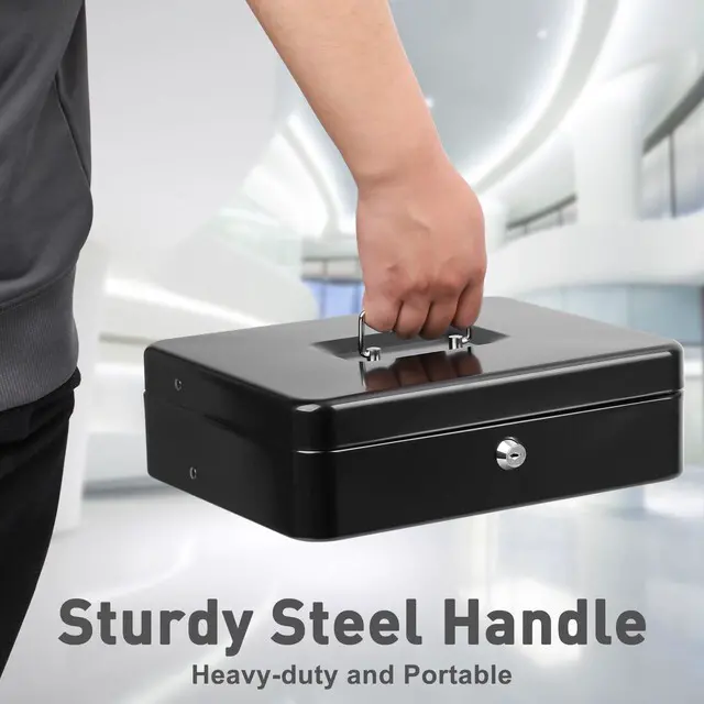 Alt view image 4 of 7 - Cash Box with Money Tray and Key Lock, 1mm Thick Metal Cash Drawer Portable Cold-rolled Steel Money Box, Windproof Bill clips & Auto-Pop Coin Tray for Garage Sales & Small businesses, 11.8"