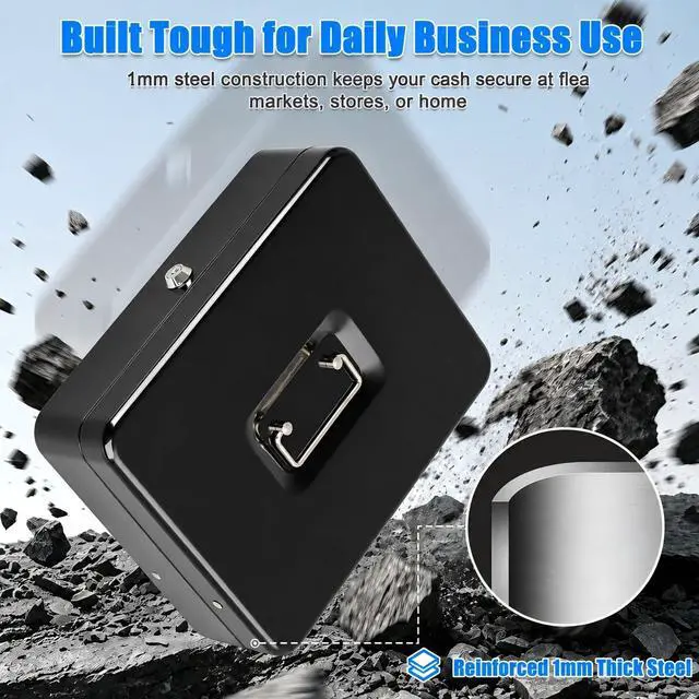 Alt view image 3 of 7 - Cash Box with Money Tray and Key Lock, 1mm Thick Metal Cash Drawer Portable Cold-rolled Steel Money Box, Windproof Bill clips & Auto-Pop Coin Tray for Garage Sales & Small businesses, 11.8"