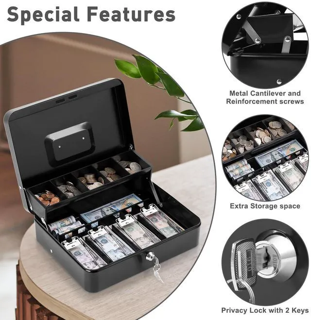 Alt view image 5 of 7 - Cash Box with Money Tray and Key Lock, 1mm Thick Metal Cash Drawer Portable Cold-rolled Steel Money Box, Windproof Bill clips & Auto-Pop Coin Tray for Garage Sales & Small businesses, 11.8"