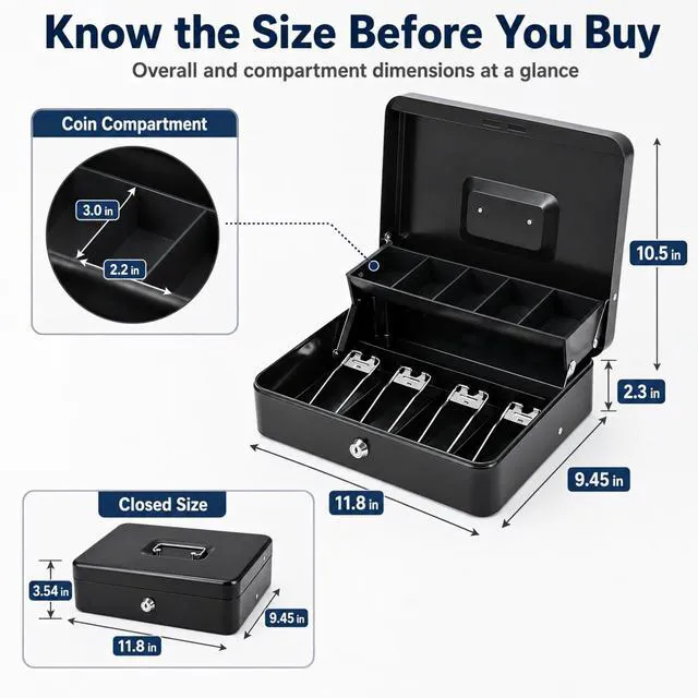 Alt view image 6 of 7 - Cash Box with Money Tray and Key Lock, 1mm Thick Metal Cash Drawer Portable Cold-rolled Steel Money Box, Windproof Bill clips & Auto-Pop Coin Tray for Garage Sales & Small businesses, 11.8"