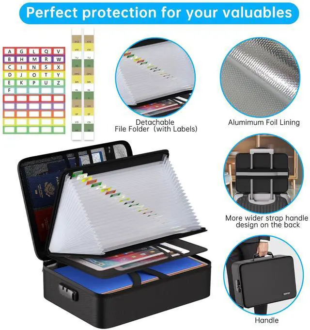 Alt view image 7 of 7 - Fireproof Document Box with Lock,5200 Multi-Layer File Organizer Soft Case,25 Pocket Accordion File Folder,Water Resistant,Storage for Important Documents,Laptop,for Home Office Travel