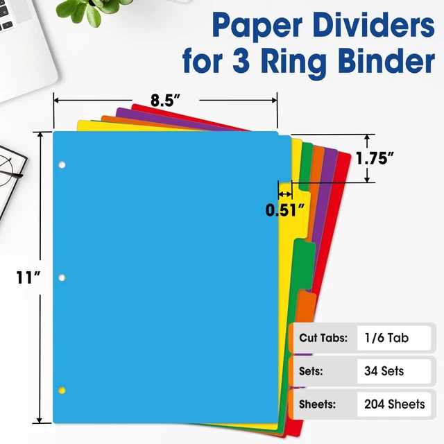 Alt view image 2 of 6 - 204 Pcs Colored Binder Dividers with Tabs, 1/6 Cut Tabs, Dividers for 3 Ring Binder, Blank Write On Binder Dividers in 6 Tab Sets, Letter Size, 204 Dividers, 34 Sets, Multicolor