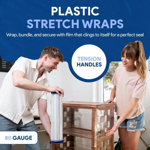 Alt view image 3 of 7 - 80 Gauge 18'' Stretch Wrap with Tension Handles for Moving, Heavy Duty Plastic Film, Furniture Pallet Packing, 1500 feet 500% Stretch