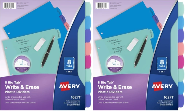 Main image of Write & Erase Dividers for 3 Ring Binders, 8 Tabs per Set, Multicolor Big Tabs, Pastels, Binder Dividers Great for Organizing Reports, Projects, and More (16271) (Pack of 2)