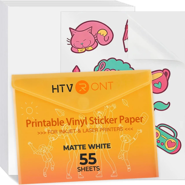 Main image of Printable Vinyl Sticker Paper, 55 Sheets, Matte White, 8.5"x11" Fast Dry, Durable, Great Stickiness, For Most Inkjet Printer, Anti-Curl & Jam-Free Design, Easy to Use & Peel, Waterproof