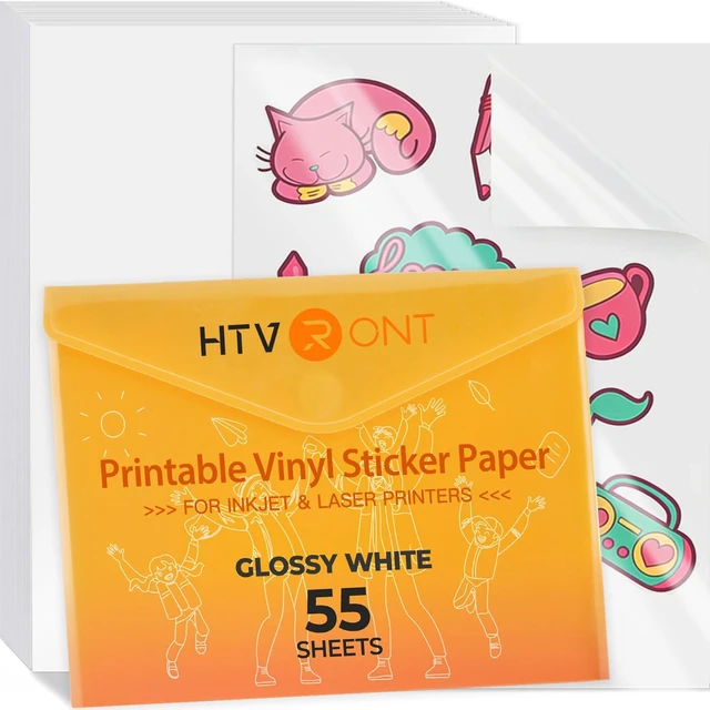 Main image of Printable Vinyl Sticker Paper, Glossy White, 8.5"x11", 55 Sheets Fast Dry, Great Stickiness, Tear Resistant, For Inkjet Printer, Easy to Use & Peel Off, Anti-Curl & Jam-Free Design