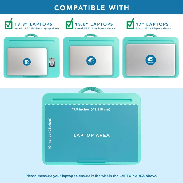 Alt view image 3 of 6 - The Original Lap Desk Aqua Sky, Fits 17" Laptops Microbead Cushion, Device Ledge, Built-In Pencil Tray, Carry Handle