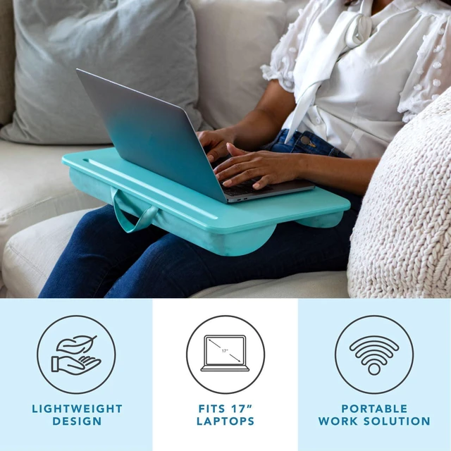 Alt view image 2 of 6 - The Original Lap Desk Aqua Sky, Fits 17" Laptops Microbead Cushion, Device Ledge, Built-In Pencil Tray, Carry Handle