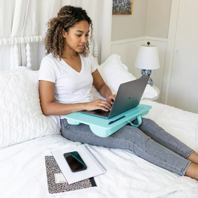 Alt view image 6 of 6 - The Original Lap Desk Aqua Sky, Fits 17" Laptops Microbead Cushion, Device Ledge, Built-In Pencil Tray, Carry Handle