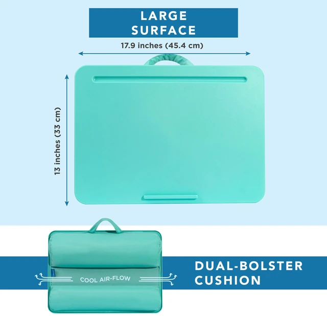Alt view image 5 of 6 - The Original Lap Desk Aqua Sky, Fits 17" Laptops Microbead Cushion, Device Ledge, Built-In Pencil Tray, Carry Handle