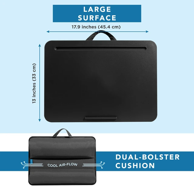 Alt view image 5 of 6 - The Original Lap Desk Black, Fits 17" Laptops Microbead Cushion, Device Ledge, Built-In Pencil Tray, Carry Handle