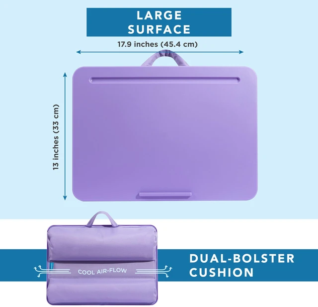 Alt view image 5 of 6 - The Original Lap Desk Purple Amethyst, Fits 17" Laptops Microbead Cushion, Device Ledge, Built-In Pencil Tray, Carry Handle