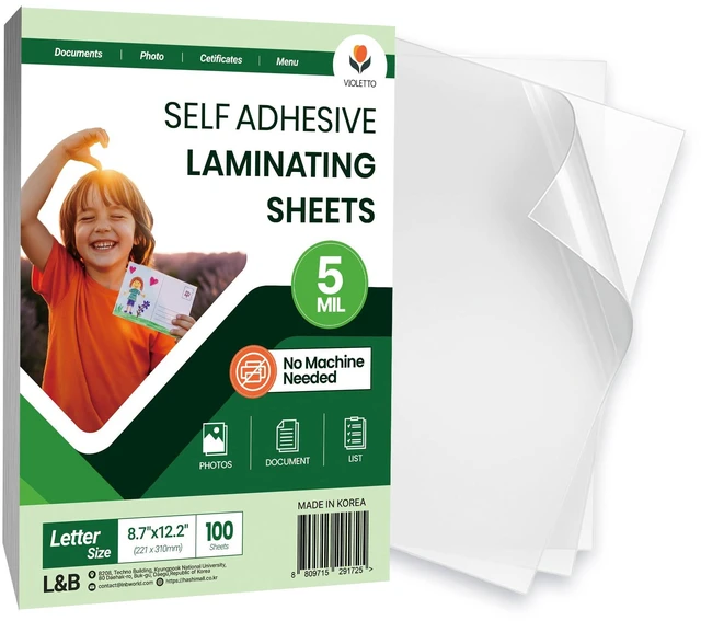Main image of Self-Adhesive Laminating Sheets, Fits 8.5 x 11, No Machine, 100 8.7 x 12.2 in cold lamination film, 5 mil clear gloss. No laminator or heat. Classroom and office bulk supply for teachers