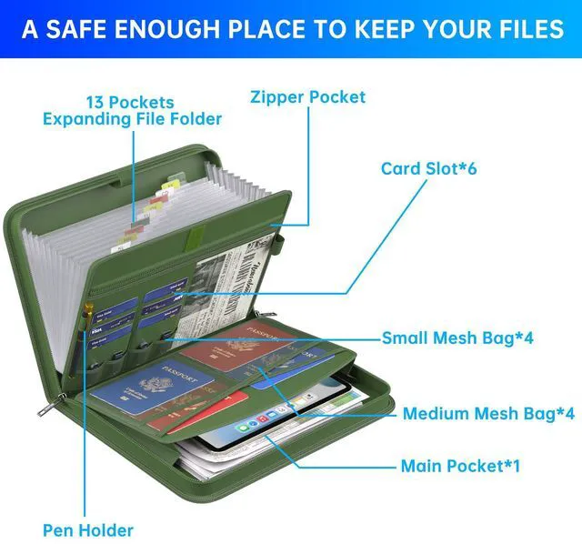 Alt view image 4 of 7 - Accordion File Organizer,Fireproof Expanding File Folder with Multi Pockets,13 Pockets Document Organizer with Handle & Labels,Portable Home Travel Safe Storage for Letter A4 Files,Green