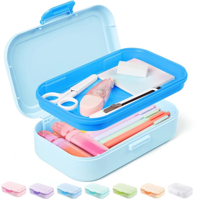 Main image of Double Layer Pencil Box, Plastic Pencil Case with Latch, Hard School Supply Box for Girls Boys Kids, Large Crayon Marker Pen Holder, Cute Art Storage Organizer, 1 Pack, Blue