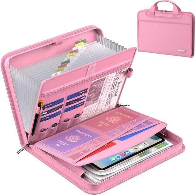 Main image of Accordion File Organizer,Fireproof Expanding File Folder with Multi Pockets,13 Pockets Document Organizer with Handle & Labels,Portable Home Travel Safe Storage Folder for Letter A4 Files,Pink