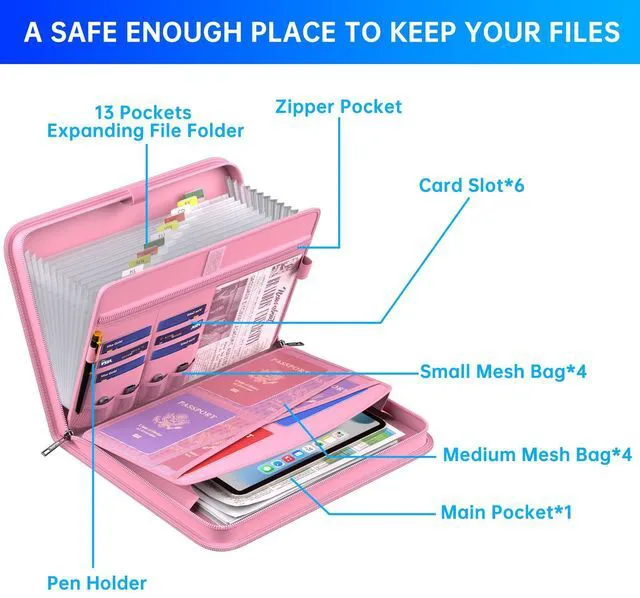 Alt view image 4 of 7 - Accordion File Organizer,Fireproof Expanding File Folder with Multi Pockets,13 Pockets Document Organizer with Handle & Labels,Portable Home Travel Safe Storage Folder for Letter A4 Files,Pink