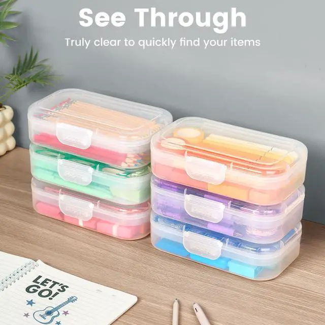 Alt view image 5 of 7 - 6 Pack Pencil Box, Plastic Pencil Case Holder with Latch, Clear Crayon Box Marker Organizer, Large Craft Storage Boxes, Stackable Storage Containers for Art School Supplies