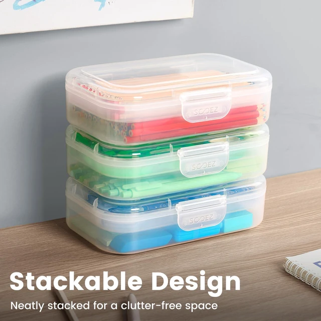Alt view image 6 of 7 - 6 Pack Pencil Box, Plastic Pencil Case Holder with Latch, Clear Crayon Box Marker Organizer, Large Craft Storage Boxes, Stackable Storage Containers for Art School Supplies