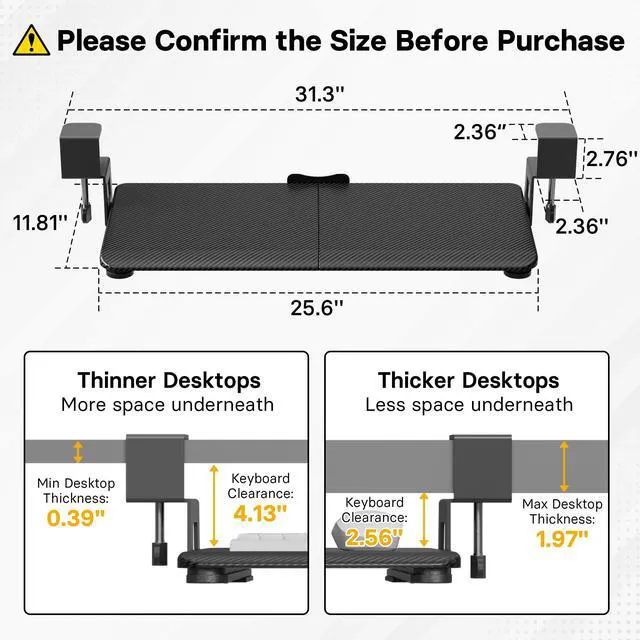 Alt view image 2 of 7 - Under Desk Keyboard Tray, Pull-Out Keyboard & Mouse Platform C-Clamp Mount, Space-Saving Ergonomic Slide-Out Drawer, 31.3 in Including Clamps, 25.6 x 11.8 in Tray, Black Carbon Fiber