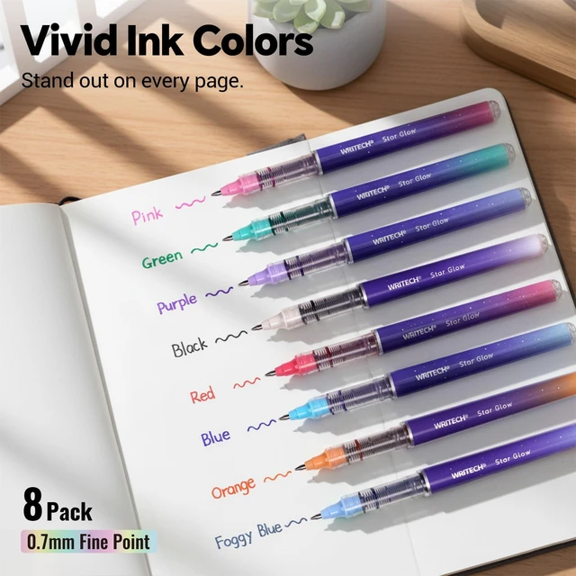 Alt view image 2 of 7 - Liquid Ink Rollerball Pens: 8ct Assorted Colors Fine Point Tip 0.7mm Roller Ball Rolling Pen for Smooth Writing Coloring Drawing Journaling No Bleed & Smear &Smudge Multi Colored